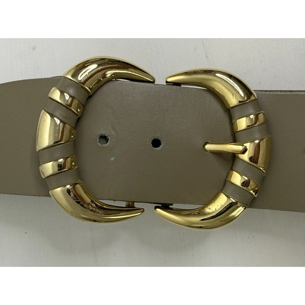 BOZO Canada Boho Leather Belt Ivory Gold Buckle Vintage Artisan Belt